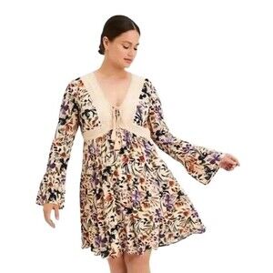 Torrid Crinkle Gauze Peasant Mini Dress Womens 4X Multicolor Floral Crochet Trim